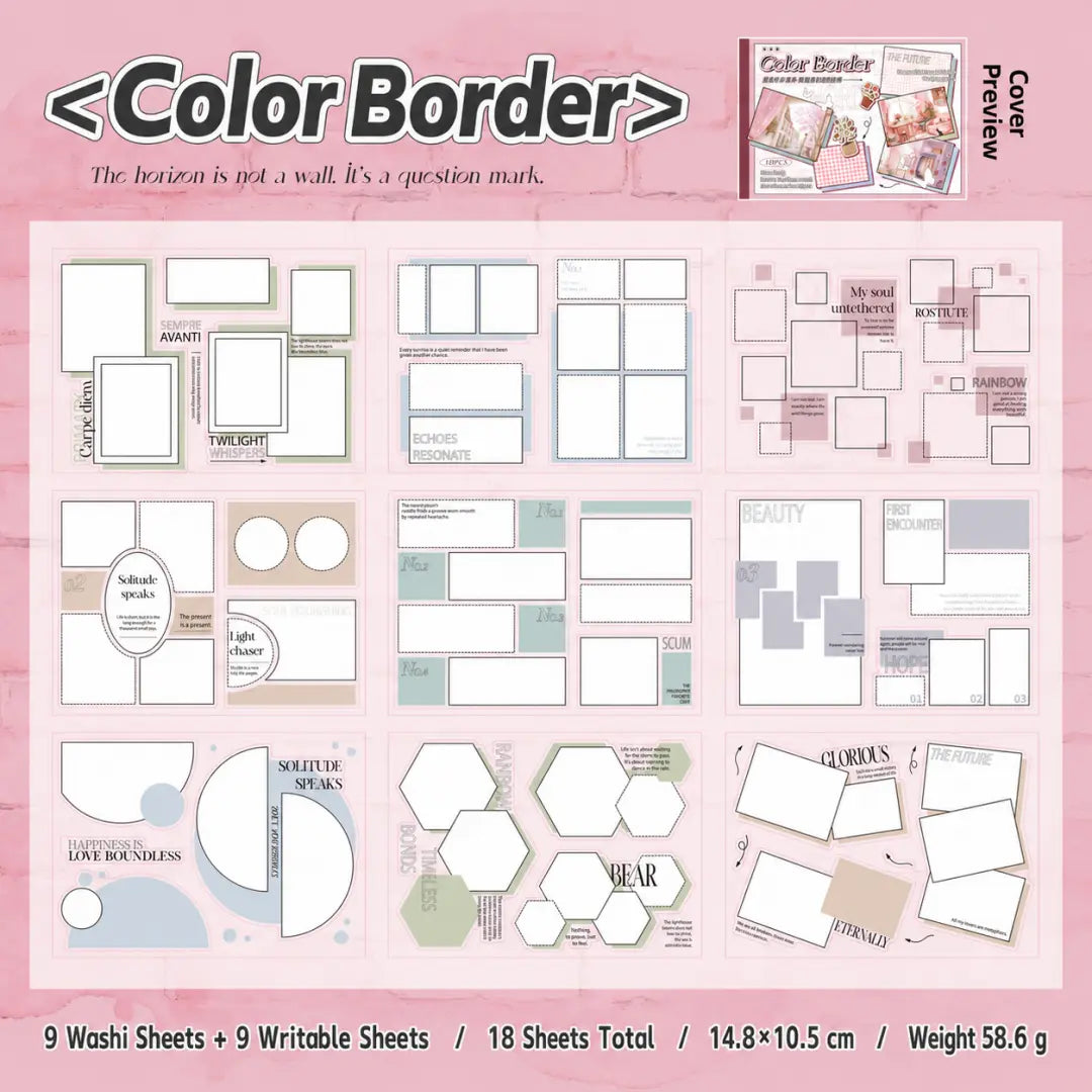 Color Border journaling sticker booklet overview showing 18 sheets with soft frame layouts and writable areas