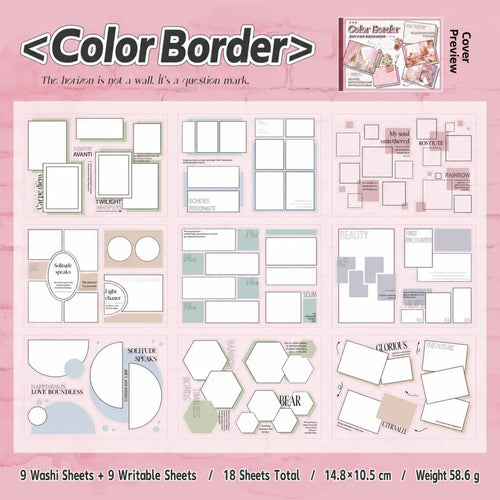 Color Border journaling sticker booklet overview showing 18 sheets with soft frame layouts and writable areas