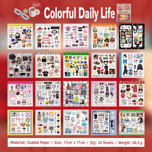 Overview of the Colorful Daily Life Journaling Sticker Book showing 20 coated paper sticker sheets