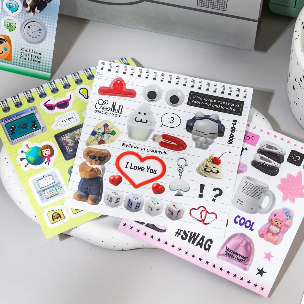 Sticker sheet from the Colorful Electronic Journaling Sticker Book with cute icons, hearts, dice, and speech bubble details