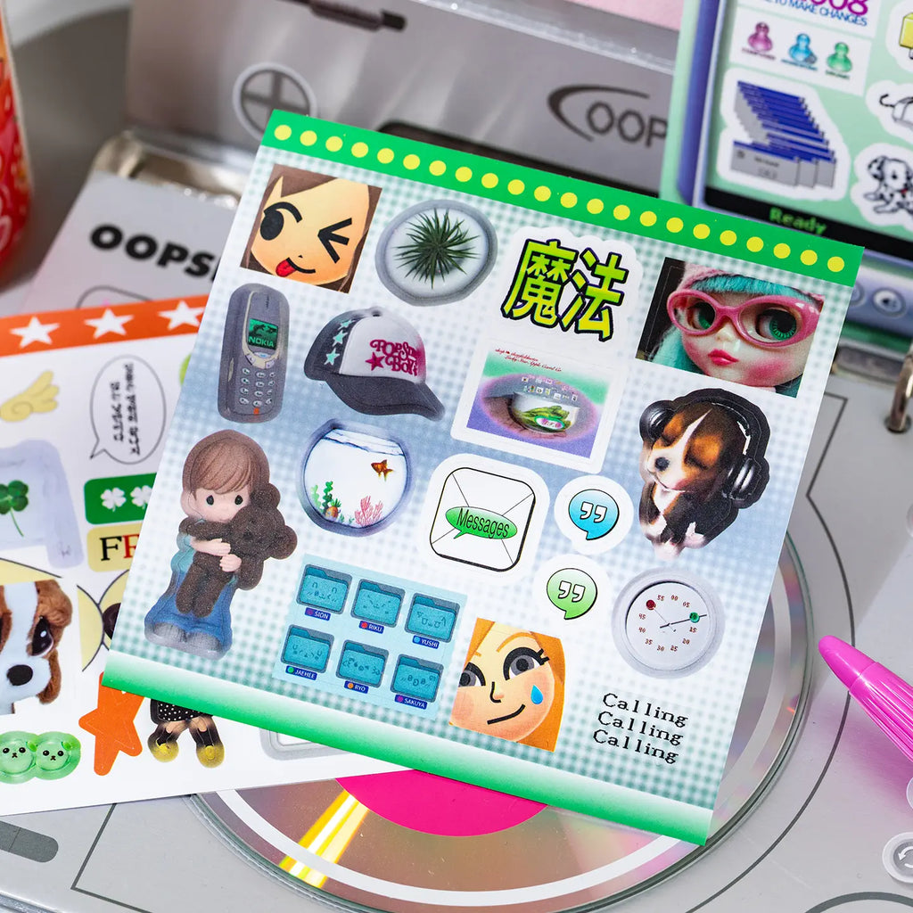 Green digital-themed sticker sheet from the Colorful Electronic Journaling Sticker Book with phone, message, and character-style stickers