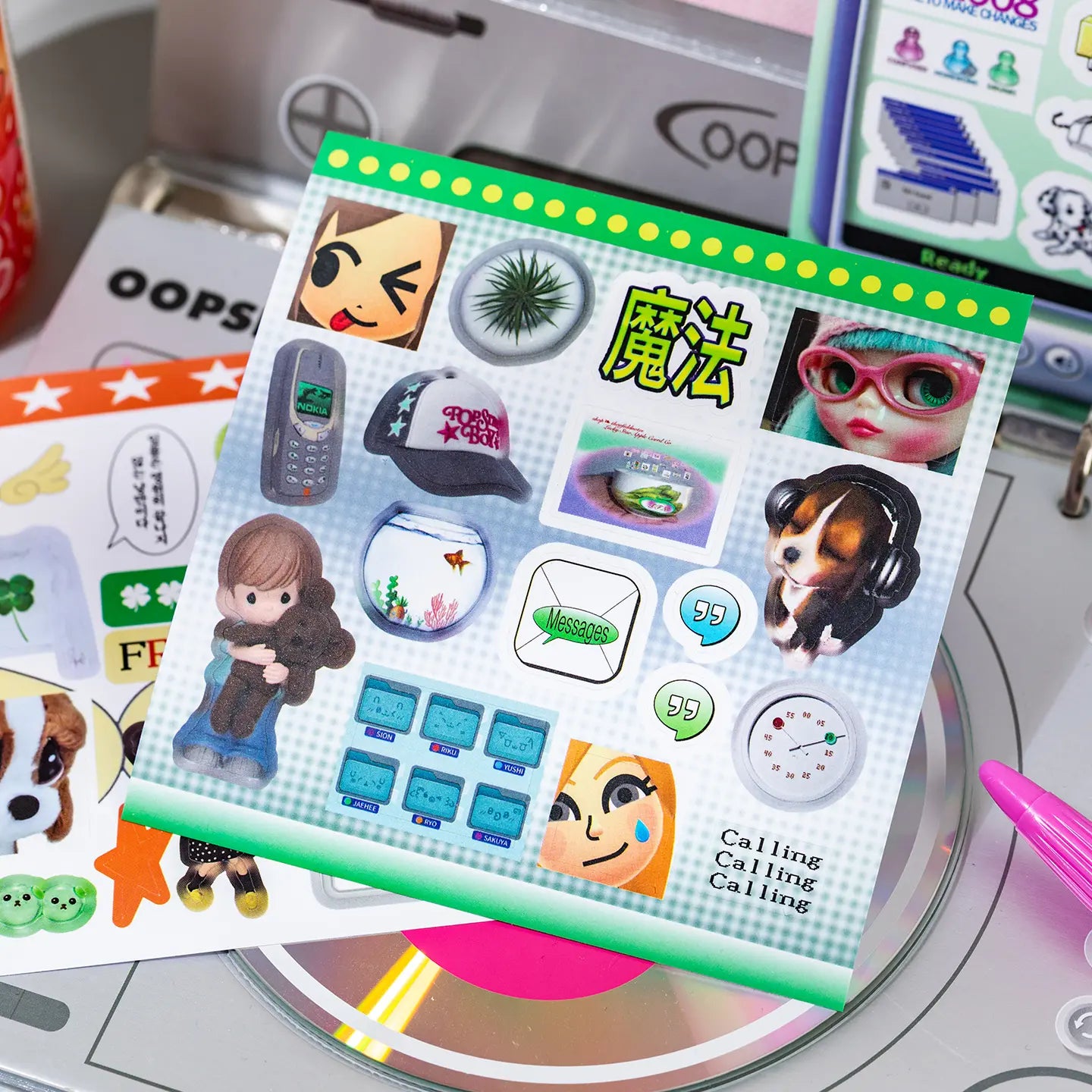 Green digital-themed sticker sheet from the Colorful Electronic Journaling Sticker Book with phone, message, and character-style stickers