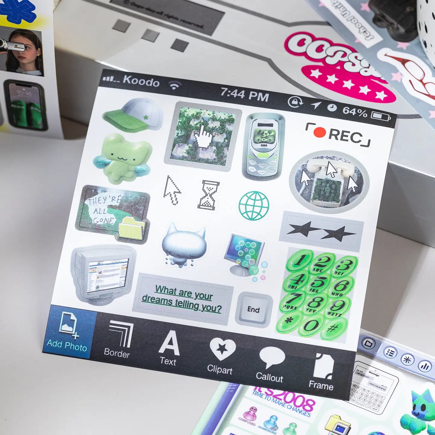 Interface-style sticker sheet from the Colorful Electronic Journaling Sticker Book with cursor, keypad, and screen elements
