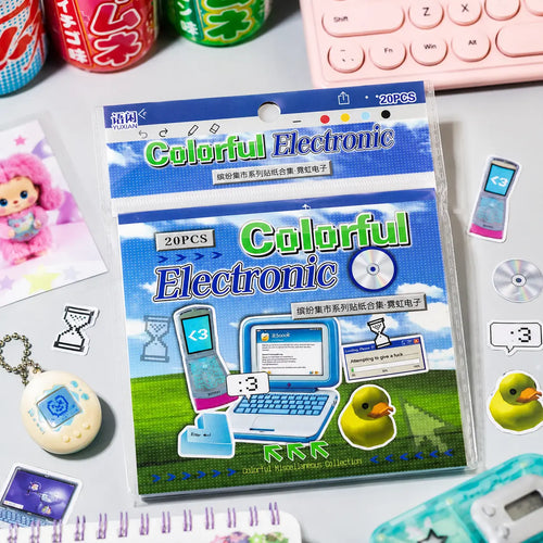 Colorful Electronic Journaling Sticker Book in protective packaging with retro computer and phone cover design