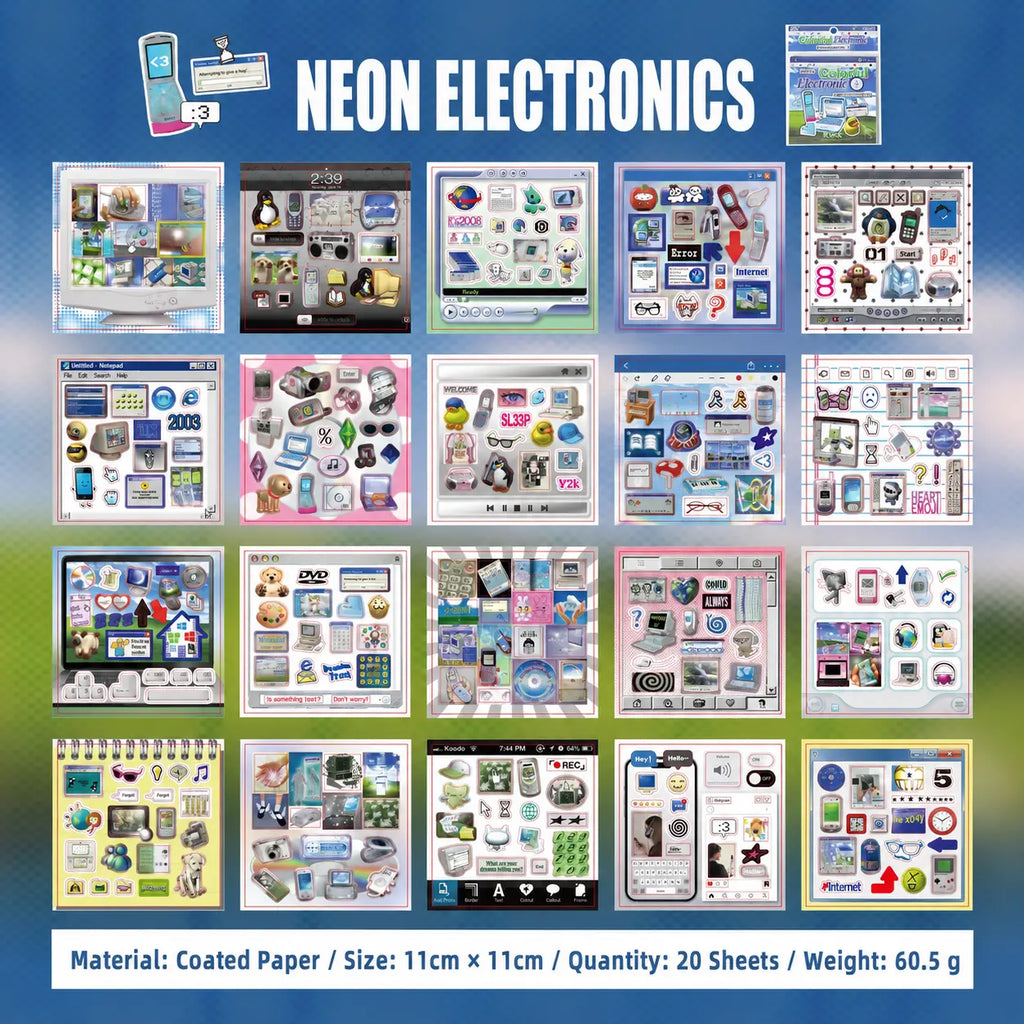 Overview of the Colorful Electronic Journaling Sticker Book showing 20 coated paper sticker sheets