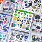 Sticker sheets from the Colorful Electronic Journaling Sticker Book arranged with retro electronic and digital motifs