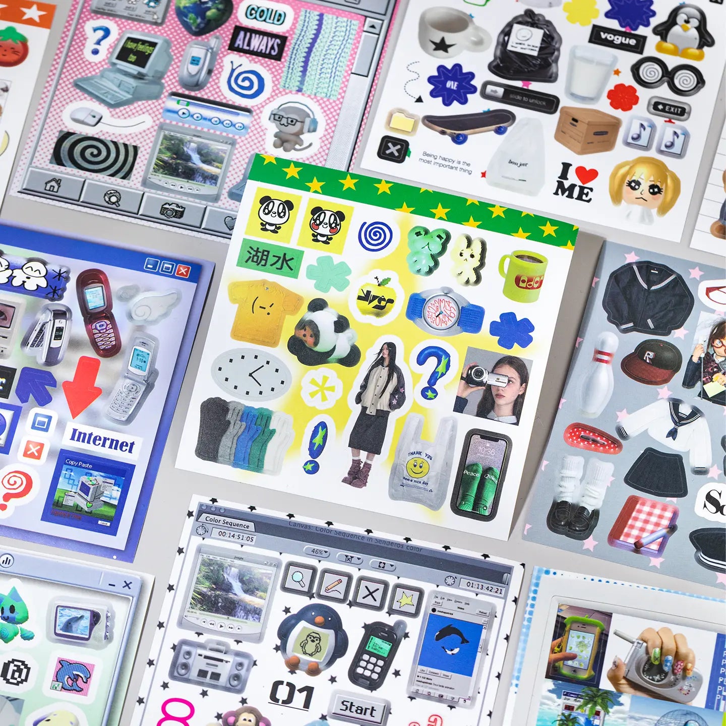 Sticker sheets from the Colorful Electronic Journaling Sticker Book arranged with retro electronic and digital motifs