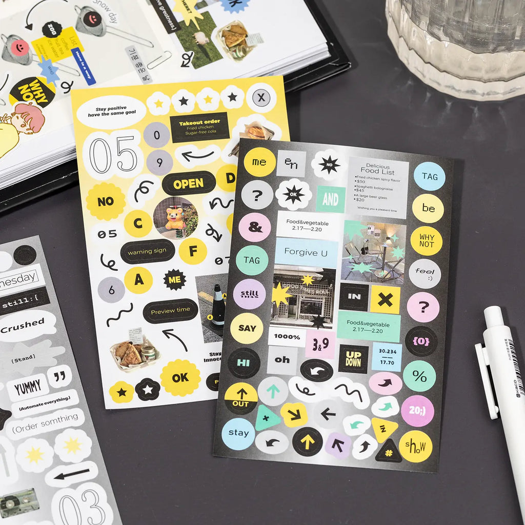 Cool Breeze Dream sticker sheets with blue stars, arrows, winter labels, and graphic elements