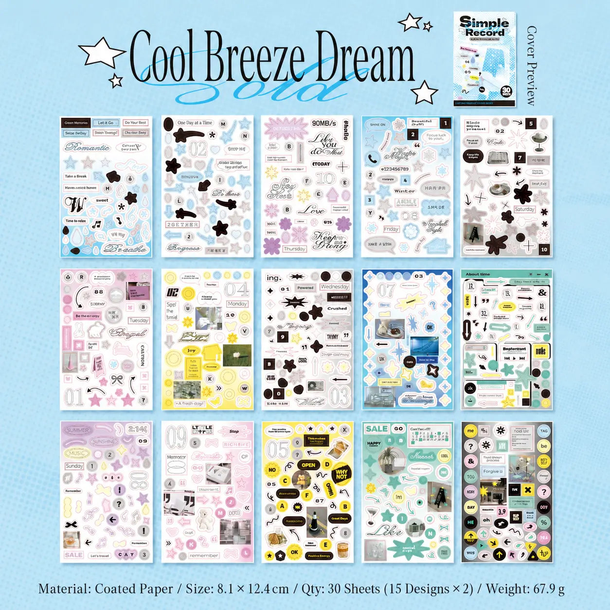 Cool Breeze Dream journaling sticker sheets with blue, pastel, star, label, and number designs