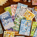 Cool Fruit Diary sticker book with fruit, dessert, drink, lemon, melon, and blueberry sticker sheets arranged on a wooden tray