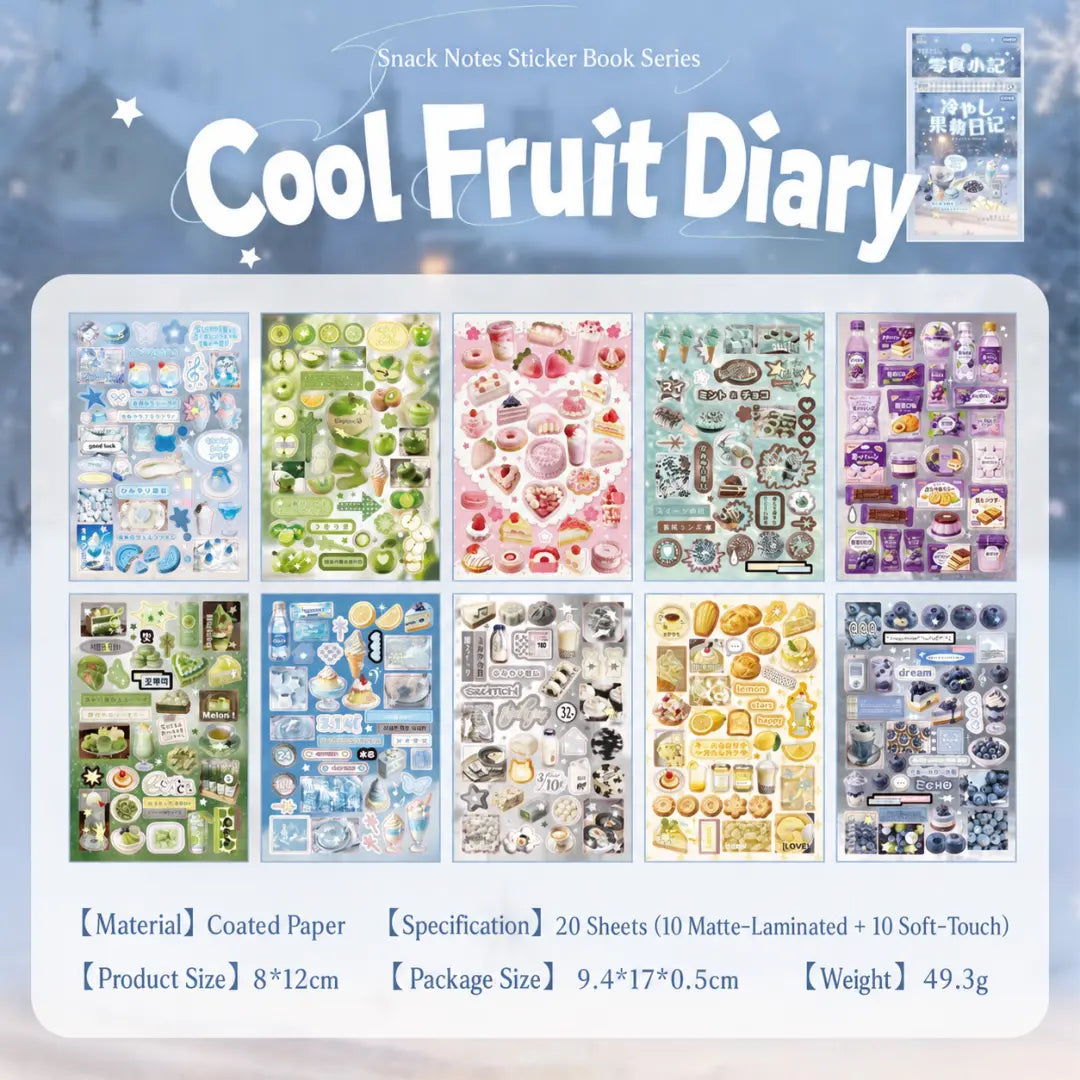 Cool Fruit Diary sticker book overview showing 20 blue and fruit-themed journaling sticker sheets with desserts, drinks, apples, blueberries, and lemon designs