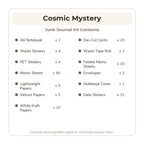 English contents list for the Cosmic Mystery Junk Journal Kit with included item names and quantities