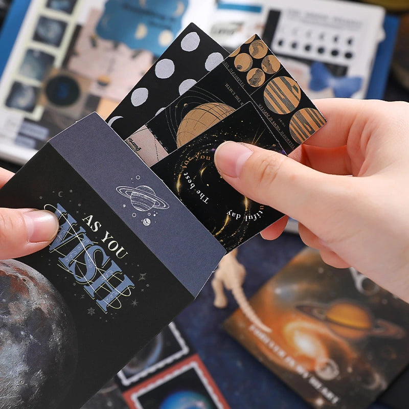 Cosmic Mystery Junk Journal Kit decorative cards with dark celestial artwork and moon-inspired accents