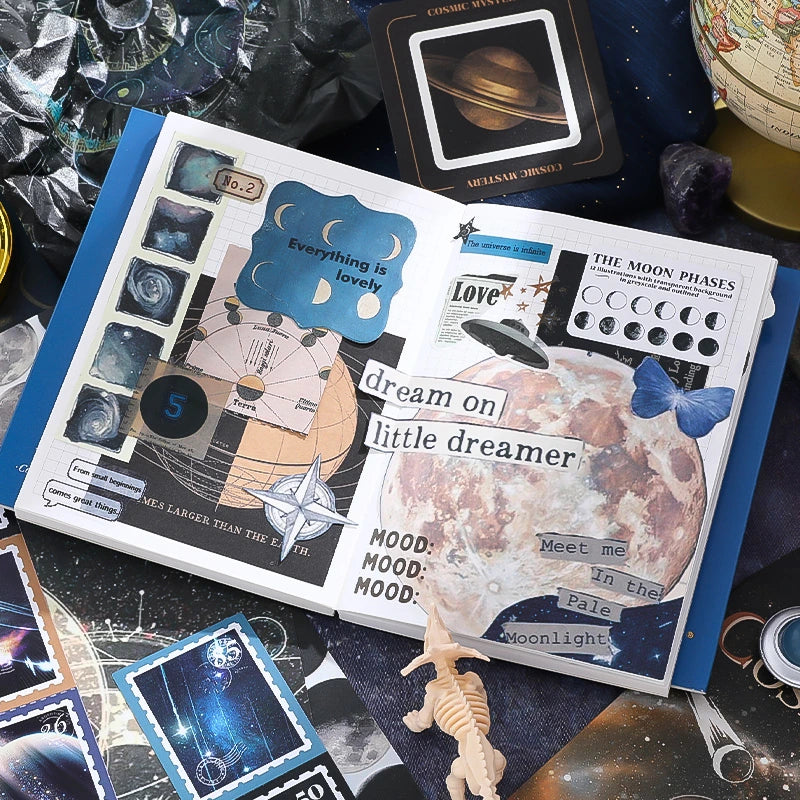 Cosmic Mystery Junk Journal Kit journal page layout with moon, planet, and astronomy paper pieces