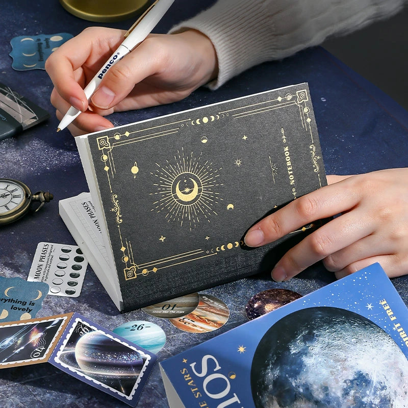 Cosmic Mystery Junk Journal Kit notebook page layout being decorated with celestial paper craft supplies