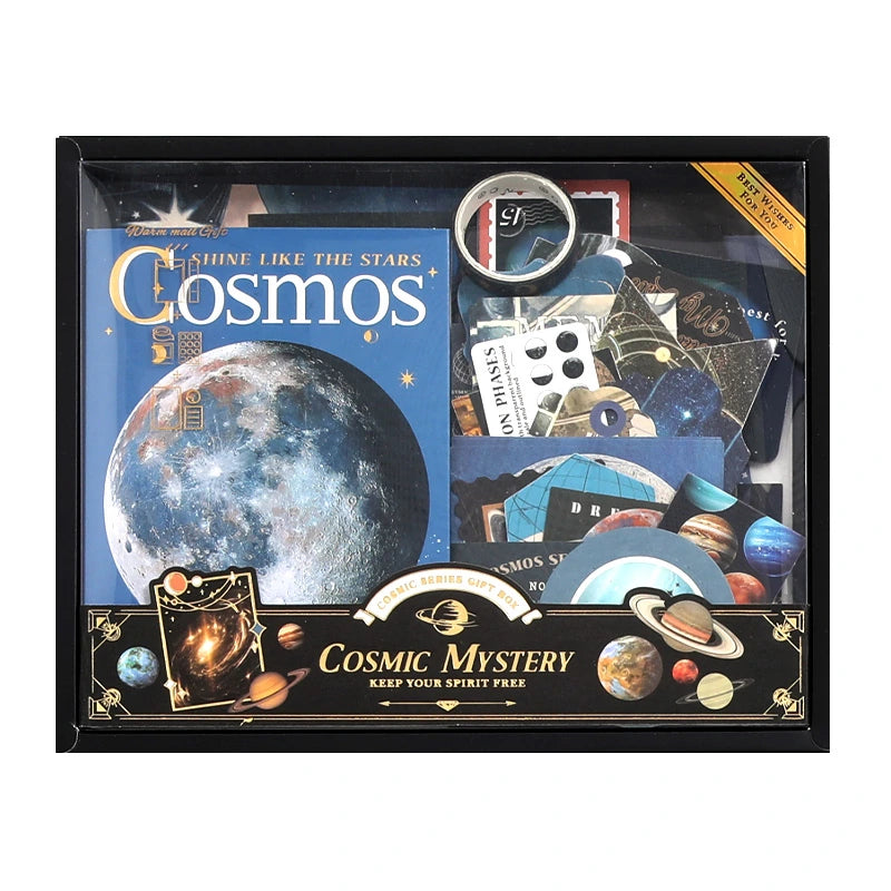 Cosmic Mystery Junk Journal Kit packaged kit overview with moon-themed contents, cards, papers, and stickers