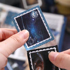 Cosmic Mystery Junk Journal Kit starry card details with deep blue celestial paper pieces for journaling