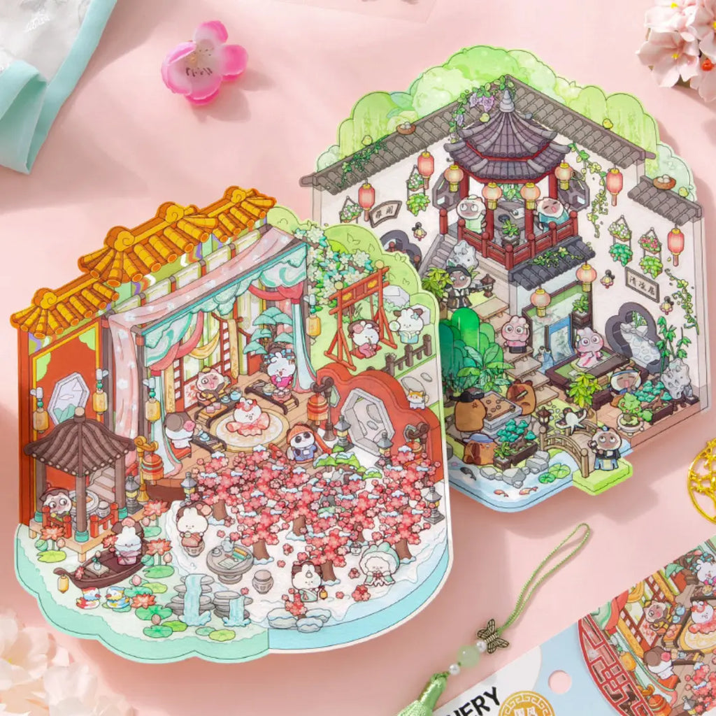 Two finished courtyard garden 3D scene sticker kits with pavilion, flowers, lanterns, and garden details