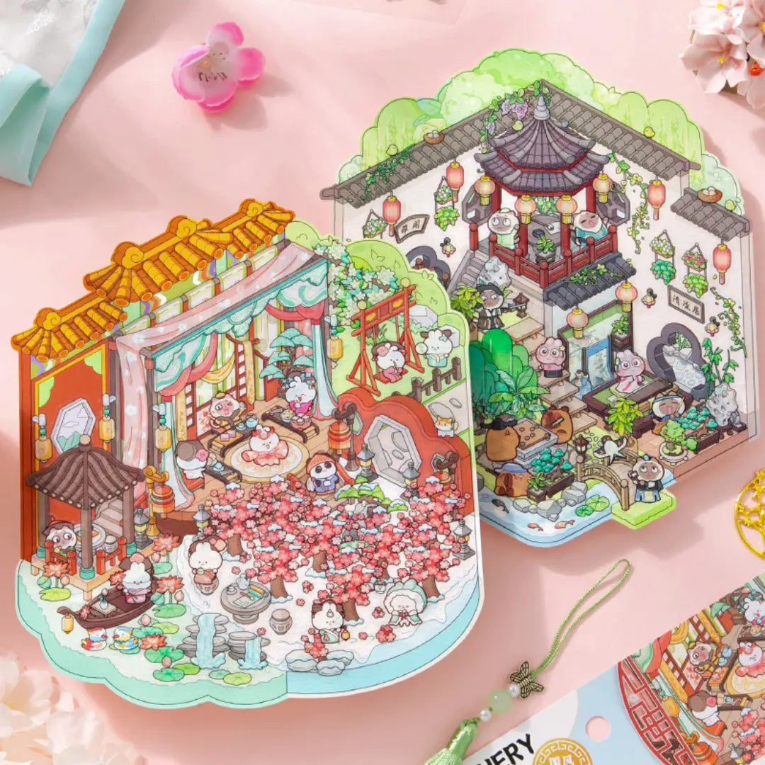 Two finished courtyard garden 3D scene sticker kits with pavilion, flowers, lanterns, and garden details