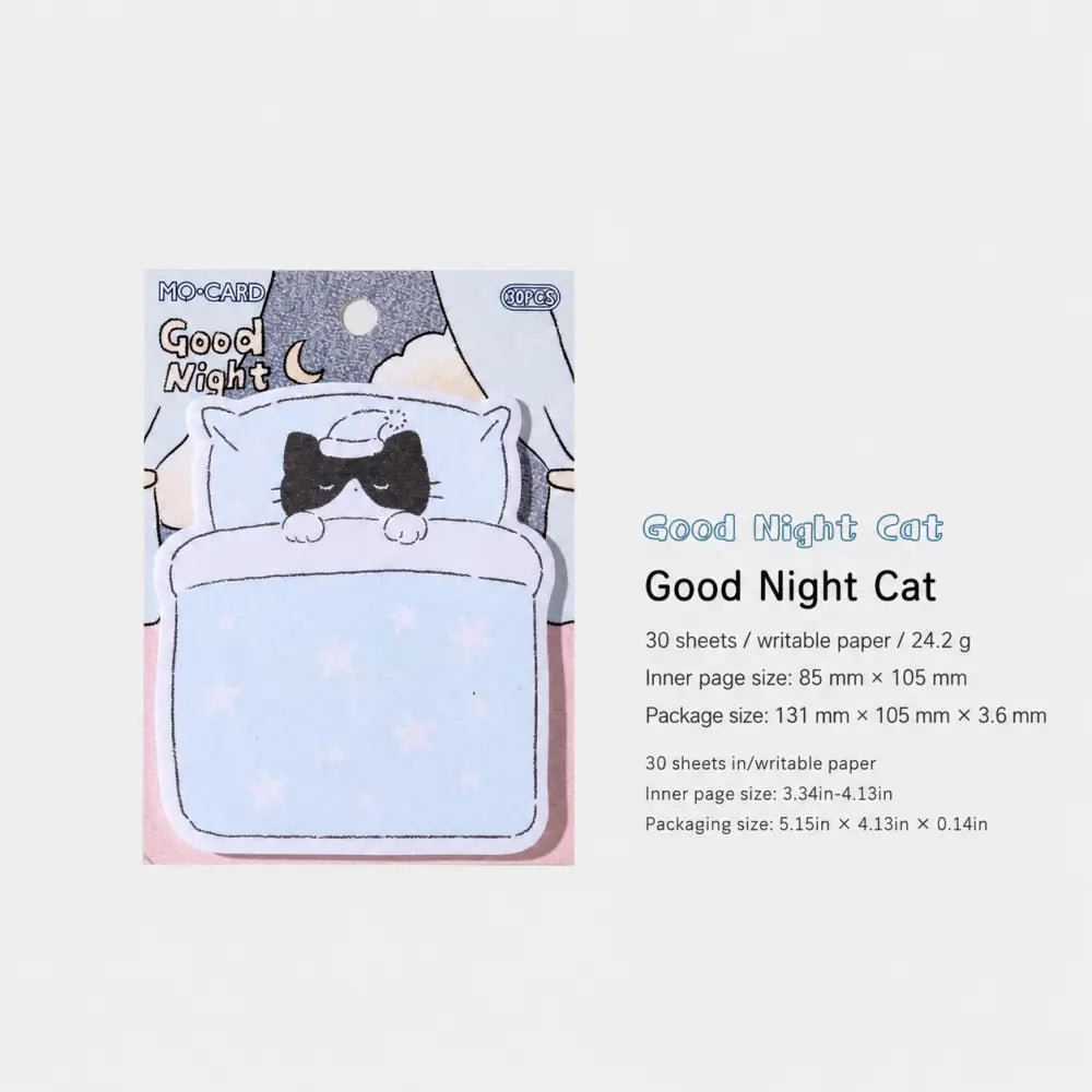 Good Night Cat Cozy Animal sticky notes with sleepy cat artwork for creative notes.