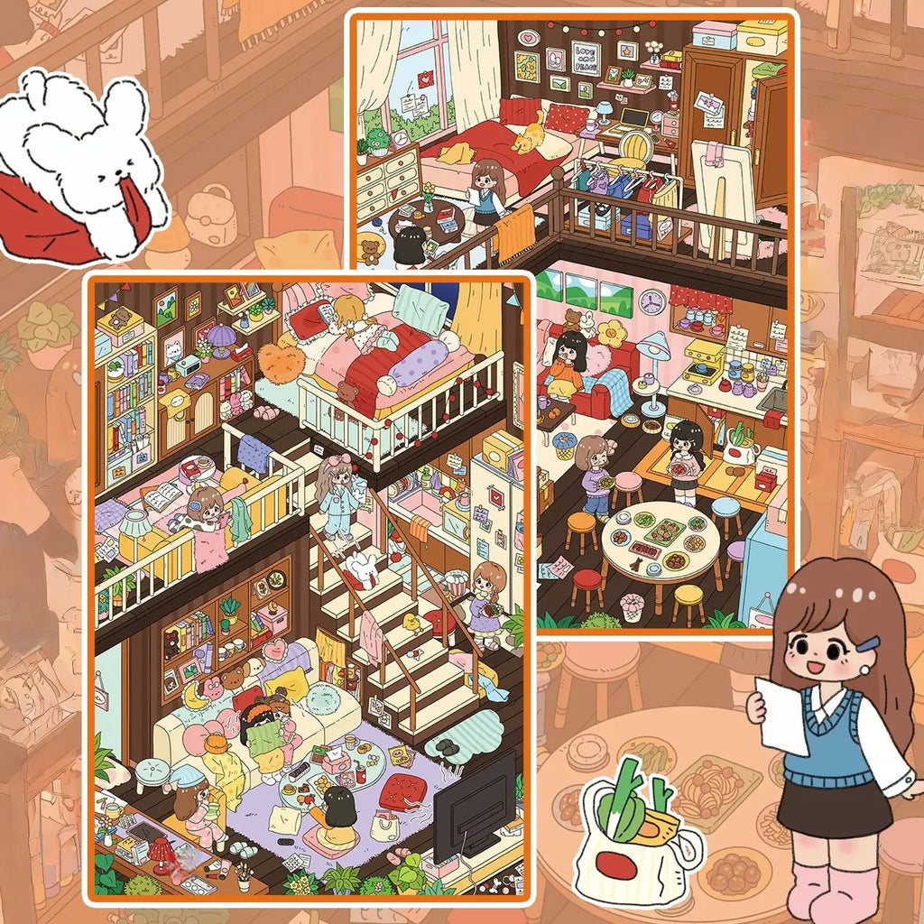 Cozy attic 3D-look scene sticker kit set with Bestie Time and Pajama Party attic room scenes