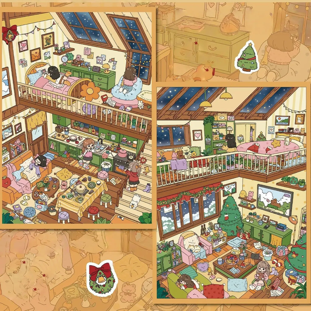Cozy Attic Christmas 3D scene sticker kit set with two miniature attic room scenes