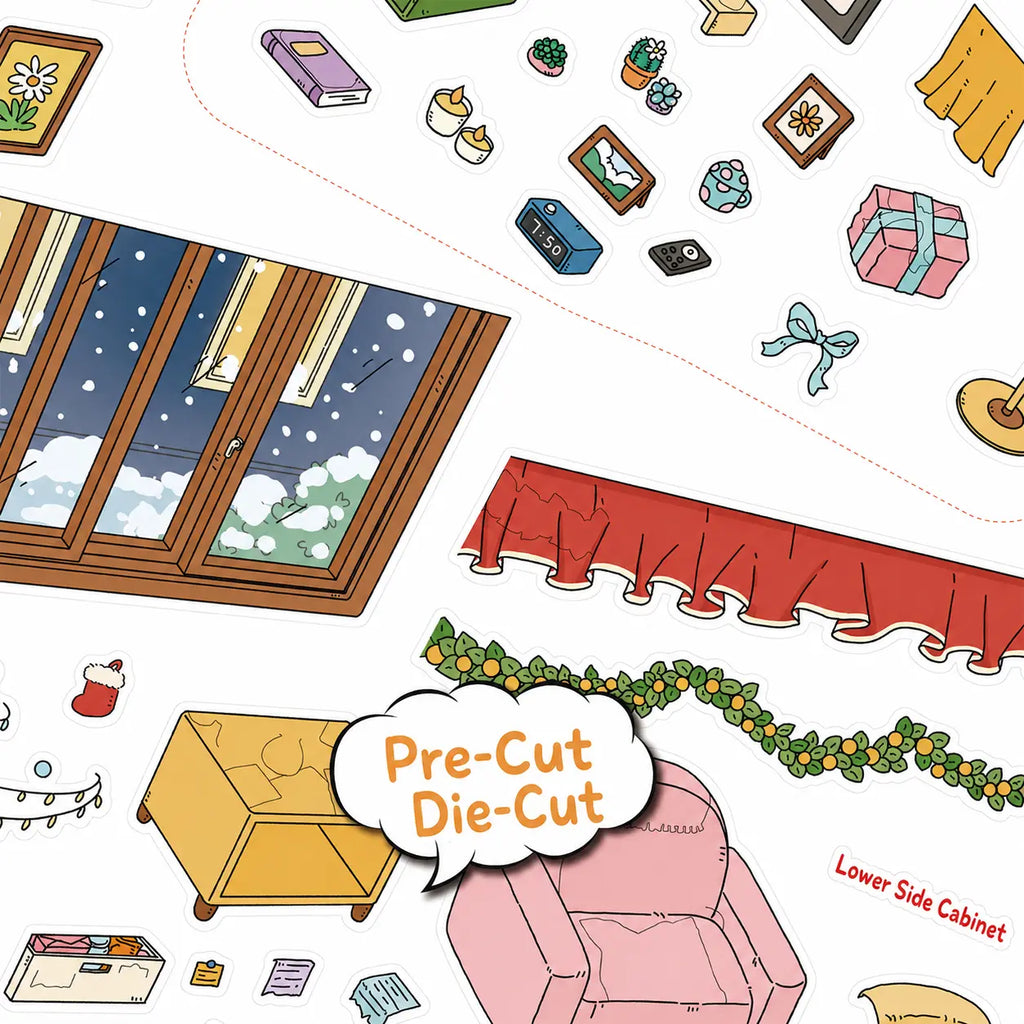 Pre-cut PET sticker sheet details for the Cozy Attic Christmas 3D scene sticker kit set