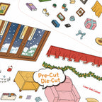 Pre-cut PET sticker sheet details for the Cozy Attic Christmas 3D scene sticker kit set