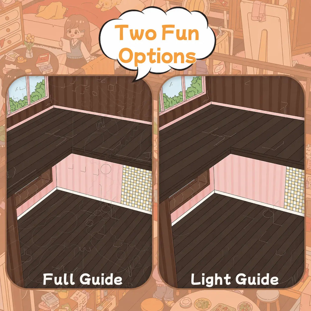 Cozy attic scene sticker kit with full guide and light guide options for different placement difficulty levels