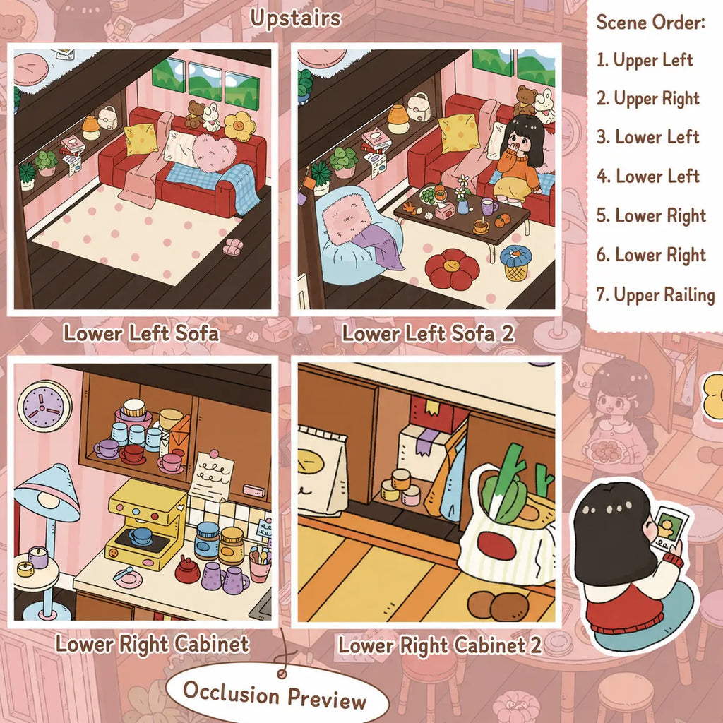 Cozy attic scene sticker kit occlusion preview showing scene order and layered sticker placement
