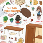 Close-up of cozy attic scene sticker kit text guide for precise sticker placement