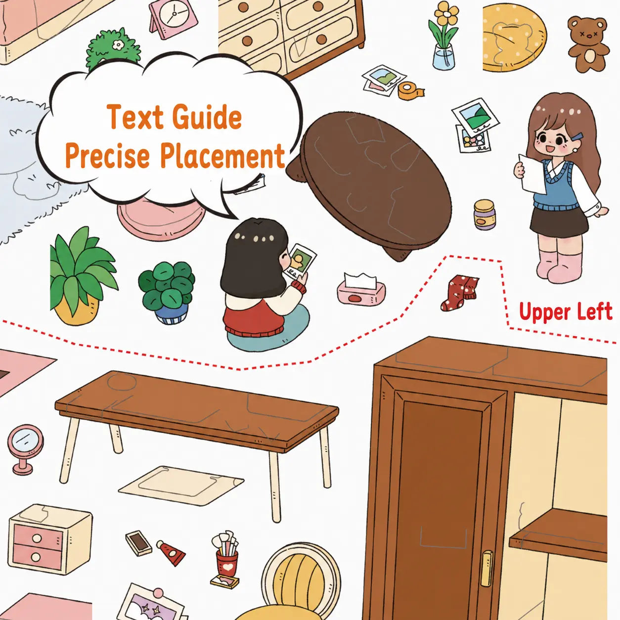 Close-up of cozy attic scene sticker kit text guide for precise sticker placement