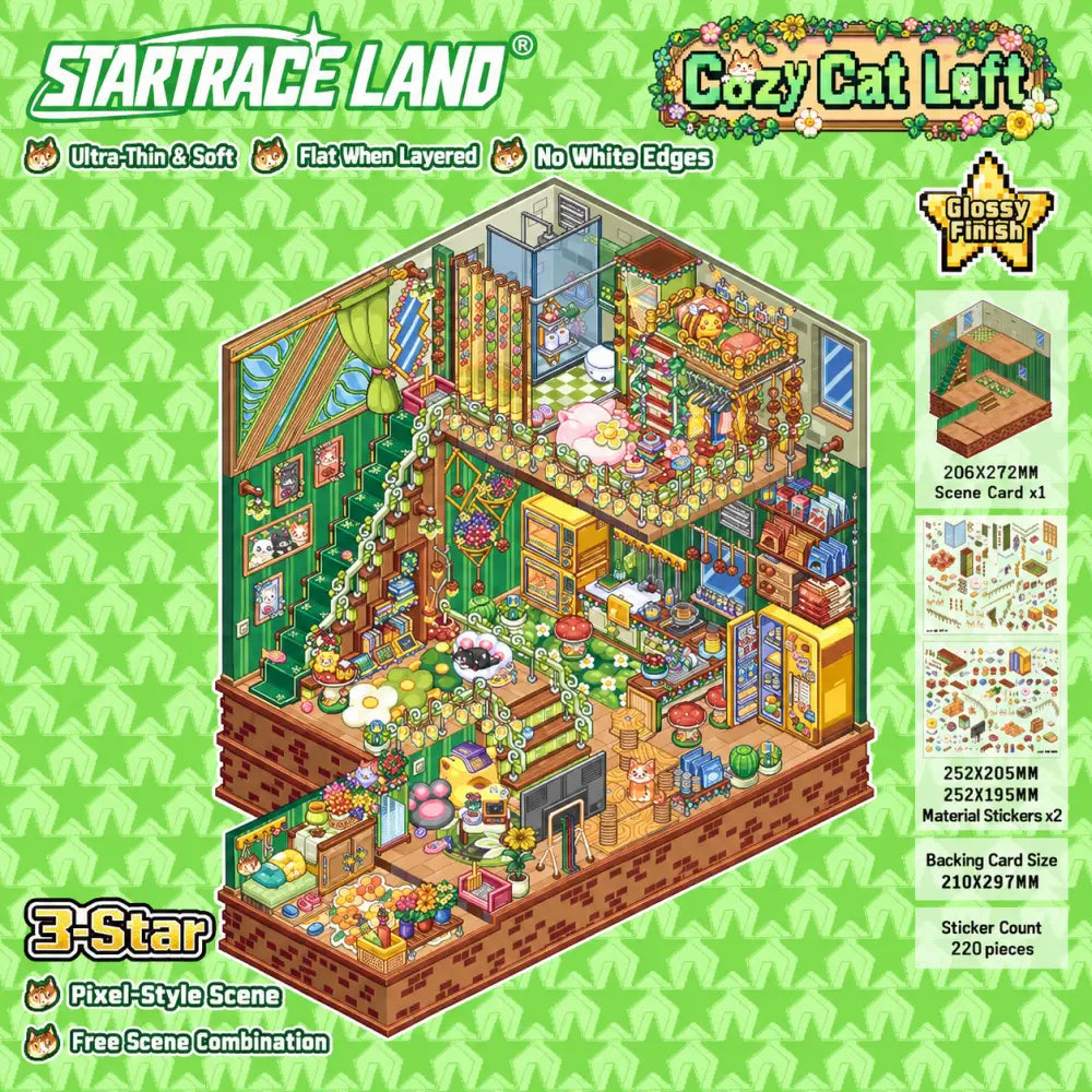 Cozy Cat Loft pixel-style scene sticker kit with a green cat loft room, furniture details, scene card, and sticker sheets