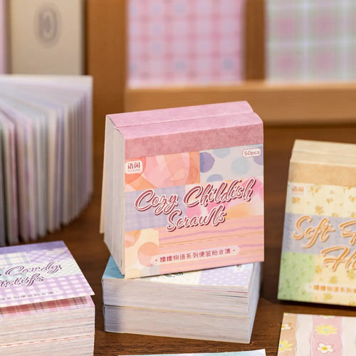 Cozy Childhood Dreams sticky notes set with pastel motif grids for planners, journals, and scrapbook labels.