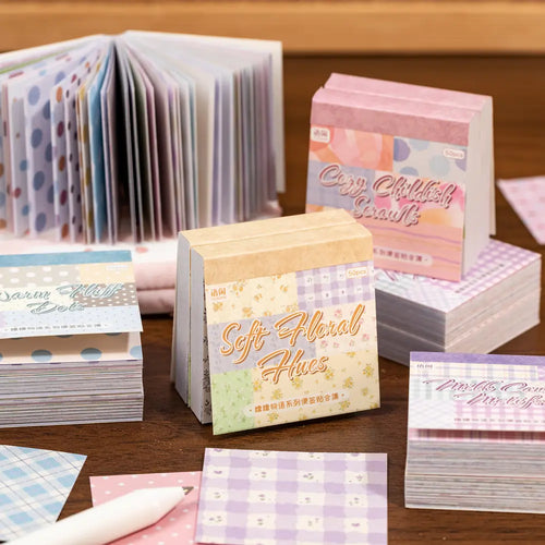 Cozy Childhood Dreams sticky notes assortment showing four soft grid note designs for creative planning.