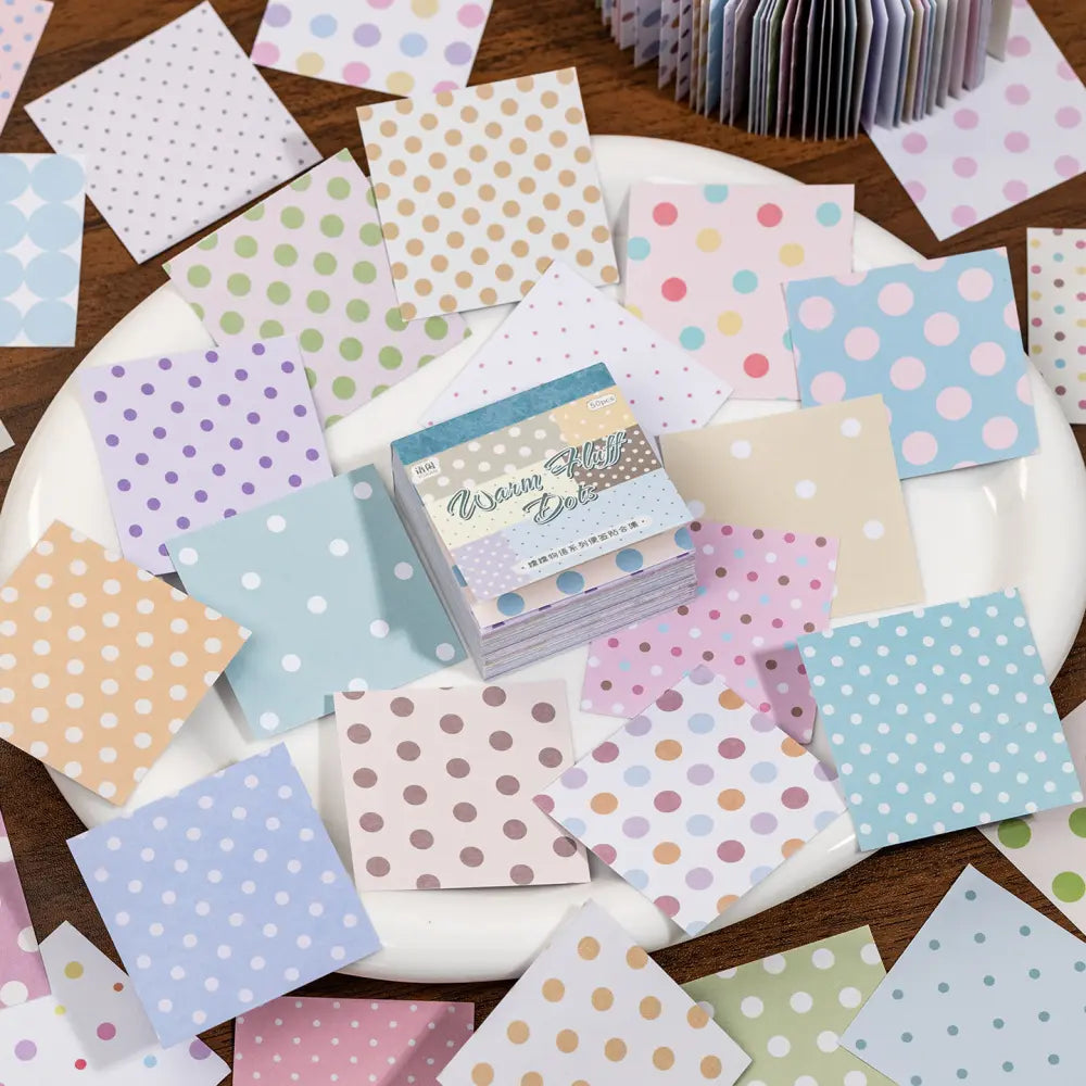 Cozy Childhood Dreams sticky notes page detail with pastel dots, florals, and collage grid designs.