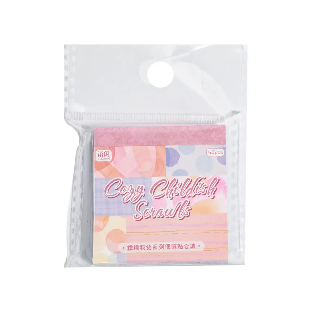 Cozy Childhood Dreams sticky notes in use as planner reminders, journal labels, and decorative notes.