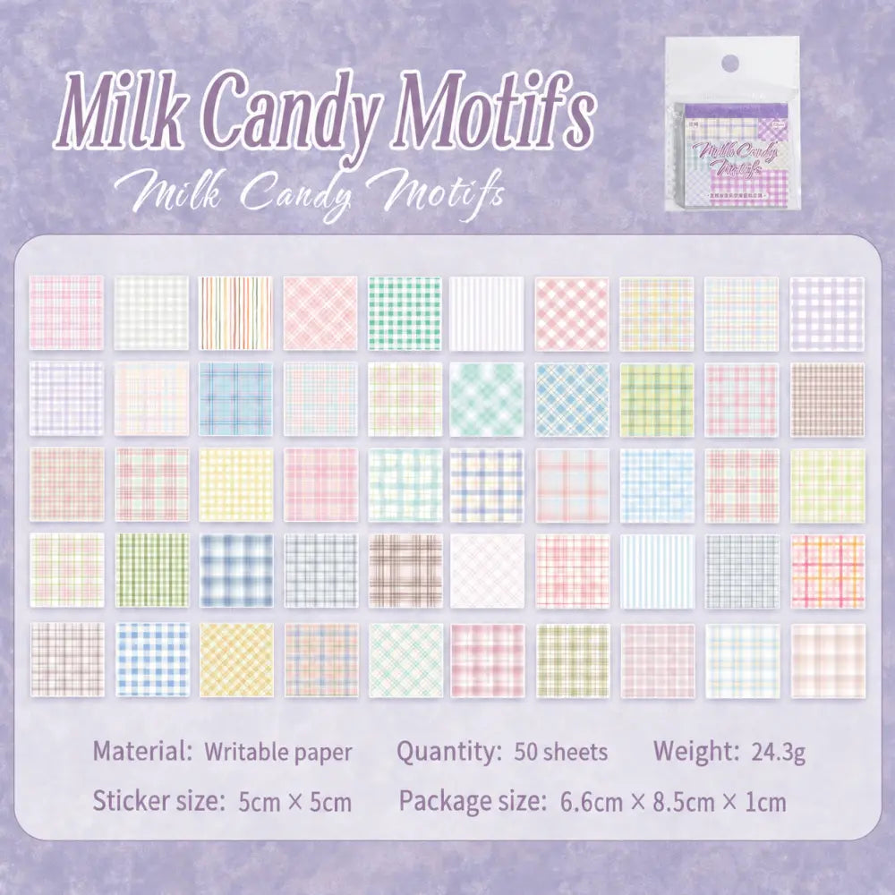 Milk Candy Motifs Cozy Childhood Dreams sticky notes with pastel grid design for planner notes.
