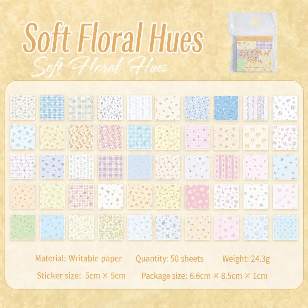 Soft Floral Hues Cozy Childhood Dreams sticky notes with floral pastel grid for scrapbook labels.