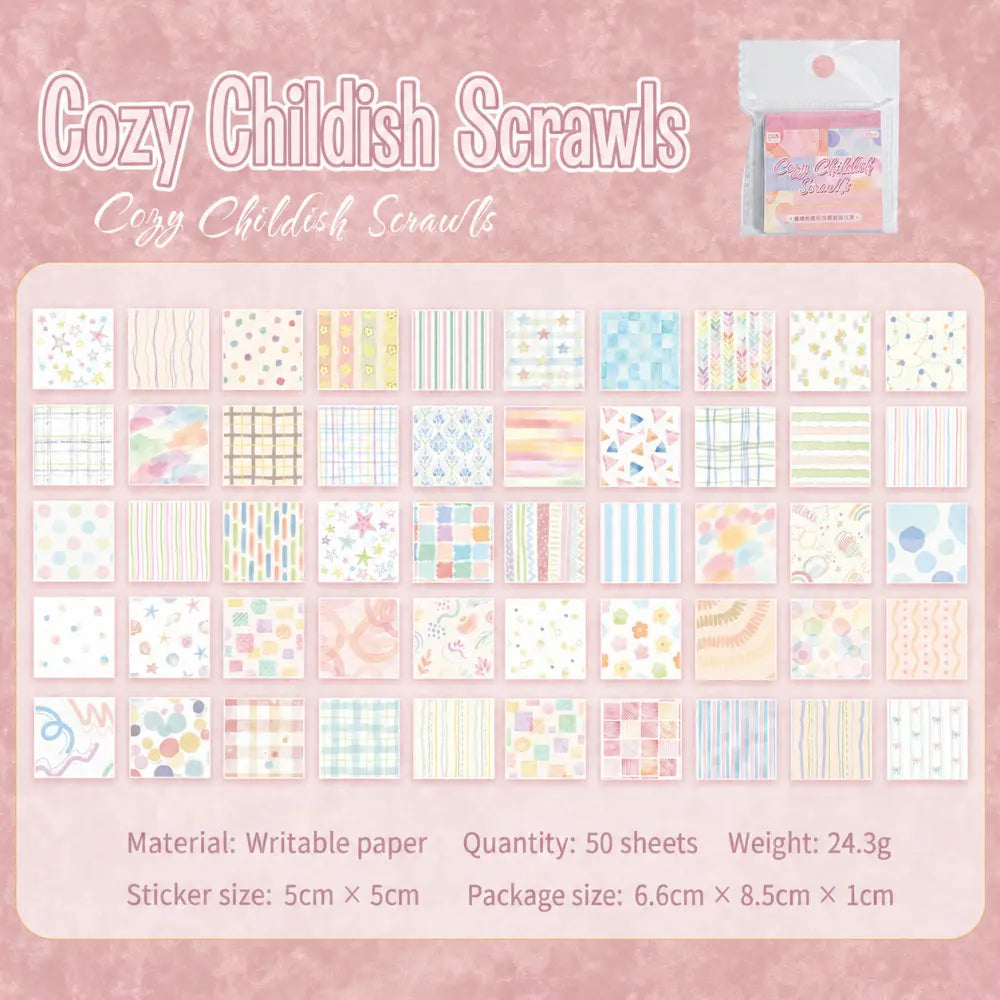 Cozy British Scraps Cozy Childhood Dreams sticky notes with collage-style pastel note grid.