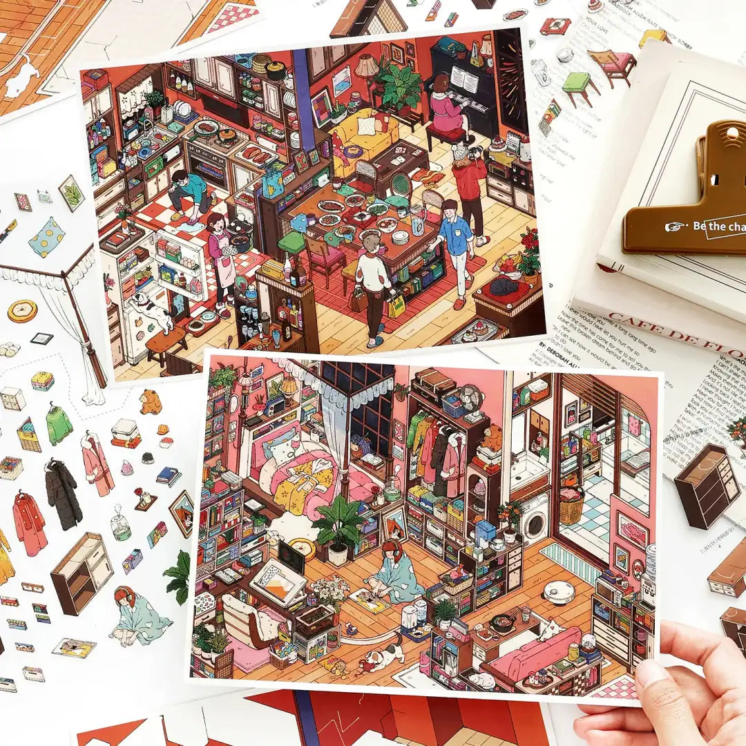 Cozy Home 3D scene sticker kit set with Giant Dining Table and Introvert’s Nook designs