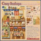 Cozy Izakaya 3D scene sticker kit overview showing the finished scene, sticker sheets, scene card, sizes, material, and weight