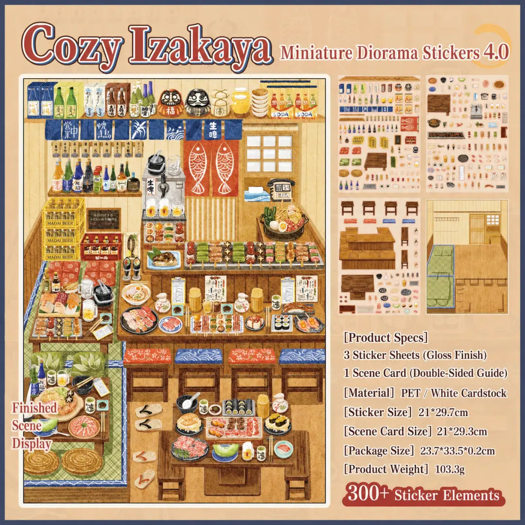 Cozy Izakaya 3D scene sticker kit overview showing the finished scene, sticker sheets, scene card, sizes, material, and weight
