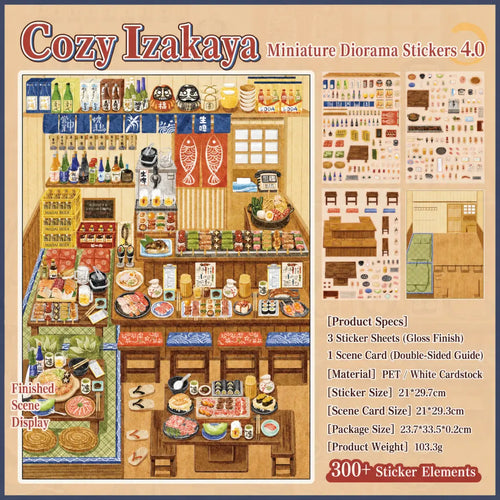 Cozy Izakaya 3D scene sticker kit overview showing the finished scene, sticker sheets, scene card, sizes, material, and weight