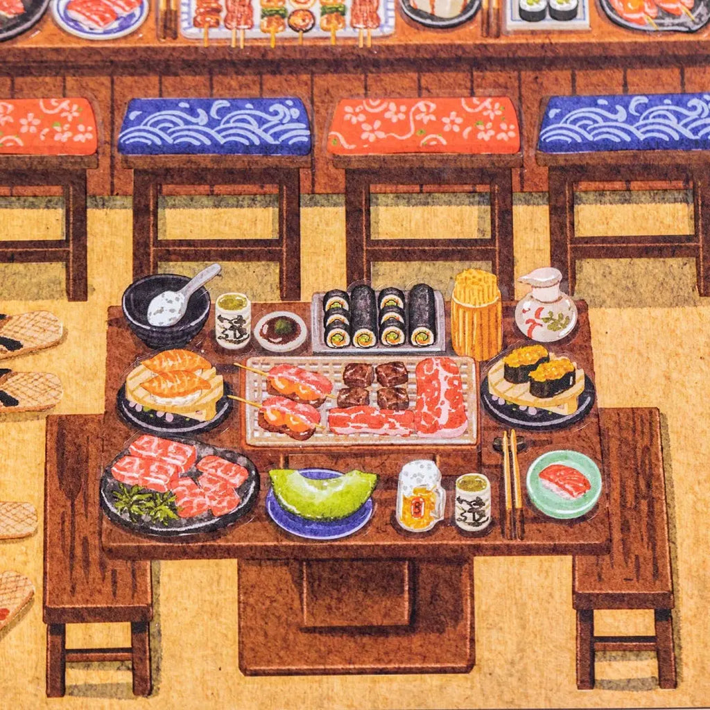 Close-up of the Cozy Izakaya finished scene with sushi, skewers, drinks, tableware, stools, and a wooden dining table