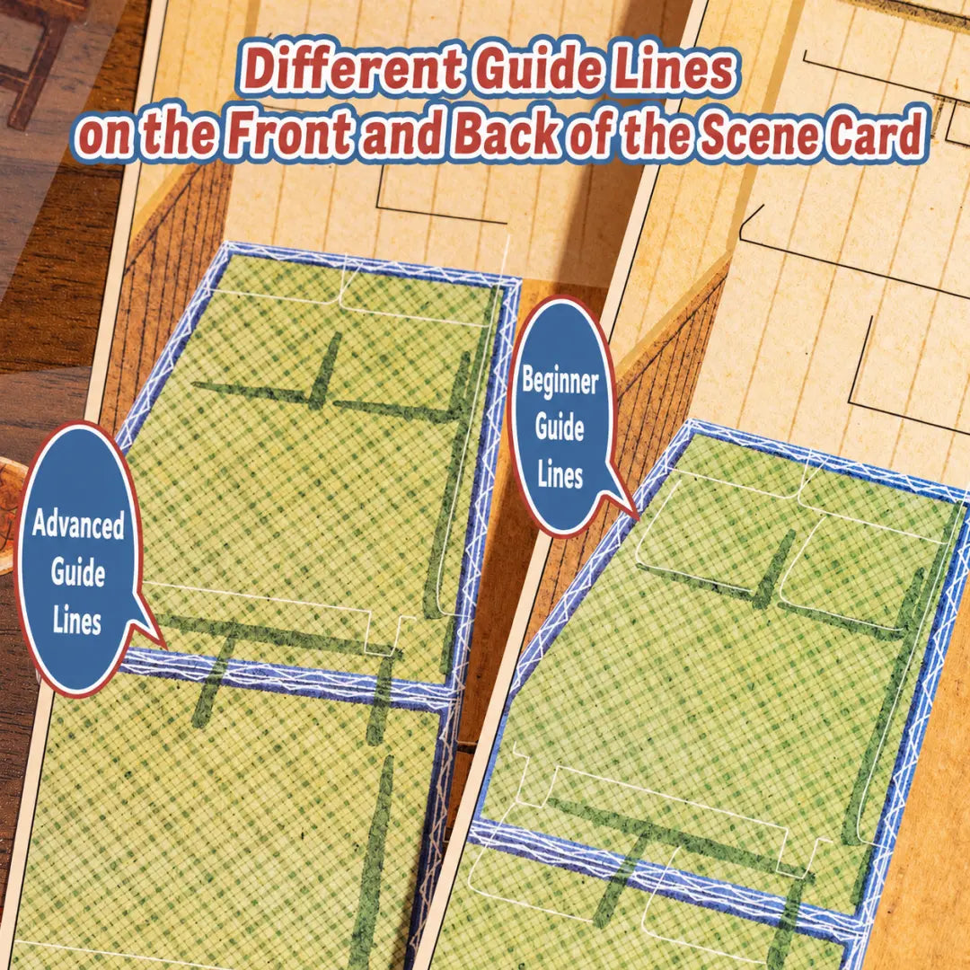Cozy Izakaya scene card showing different guide lines on the front and back for beginner and advanced sticker placement