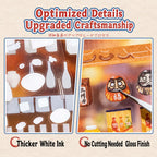 Close-up of Cozy Izakaya glossy pre-cut stickers showing thicker white ink, no-cut design, and upgraded sticker details