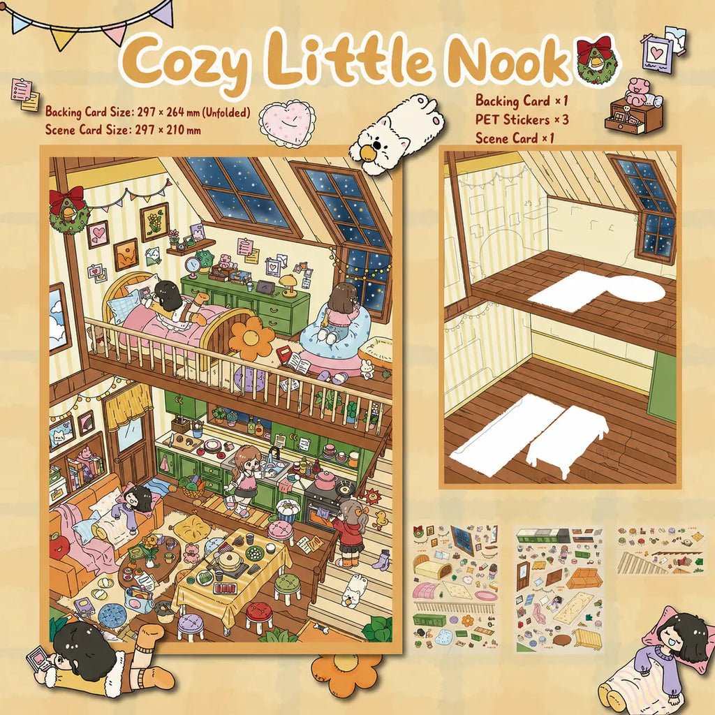 Cozy Little Nook 3D scene sticker kit with scene card, backing card, and 3 PET sticker sheets
