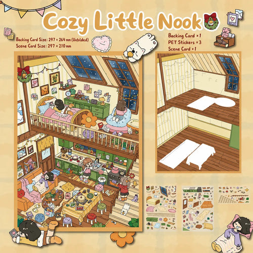 Cozy Little Nook 3D scene sticker kit with scene card, backing card, and 3 PET sticker sheets