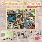 Cozy Moments in the TimeBox 3D scene sticker kit showing finished preview, backdrop card, PET sticker sheets, and scene card